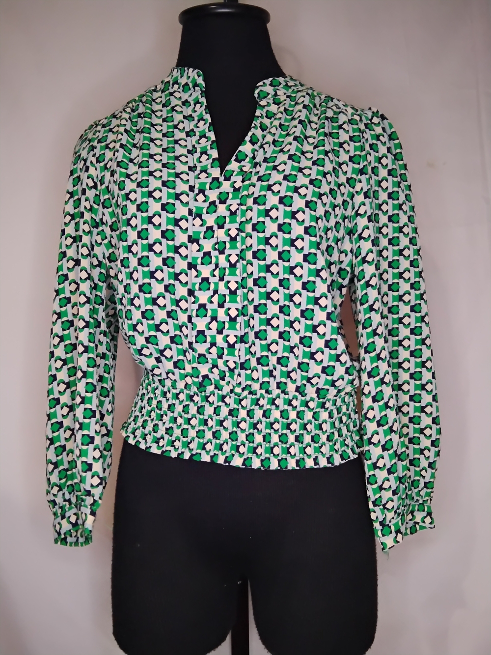 Monteau Green and White Geometric Smocked-Waist Blouse